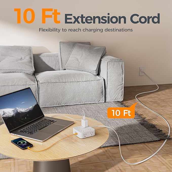 TESSAN 10 Ft Flat Plug Extension Cord with Multiple Outlets, Surge Protector Power Strip with 3 USB(1 USB C) 8 Outlets, 900J Protection, Desk Charging Station for Home, Dorm Room Essentials, White