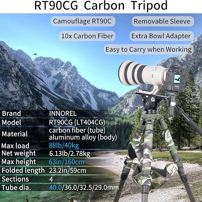 INNOREL RT90CG Carbon Fiber Bowl Tripod - Heavy Duty With 75mm Bowl, 40mm Leg Tube, Ultra Stable Professional Camera Tripod, Max Load 88lb/40kg, Green Camouflage Sleeve