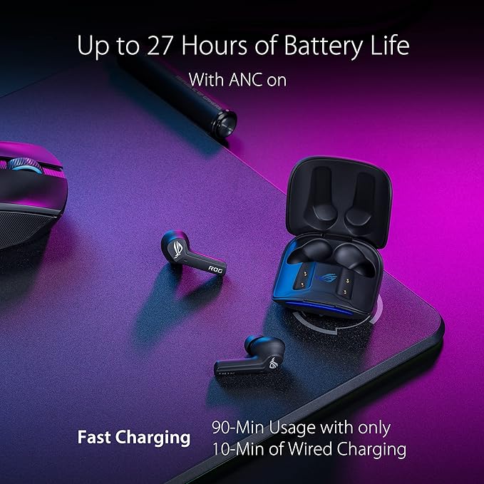 ASUS ROG Cetra True Wireless Gaming Earbuds, Low-Latency Bluetooth Earbuds, Active Noise Cancelation, 27-Hour Battery Life, IPX4 Water Resistance, Headphone with Wireless Charging,Black