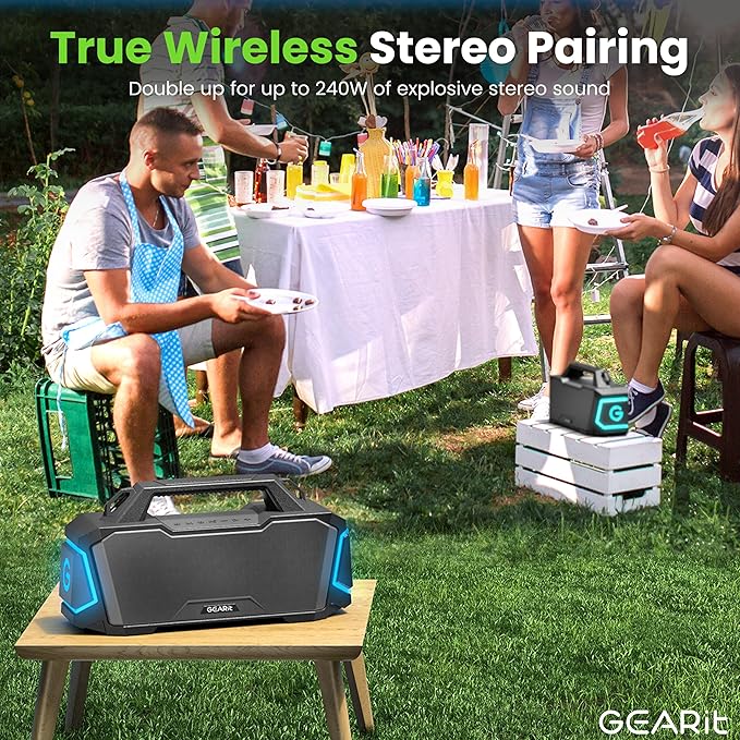 GEARit Portable Bluetooth Speaker Wireless w/ 120W Loud Audio Output - IPX6 Water-Resistant Speakers - 5.3 Bluetooth, AUX, TWS, MicroSD, EQ and Power Bank - Perfect for Gift/Home/Outdoor/Party