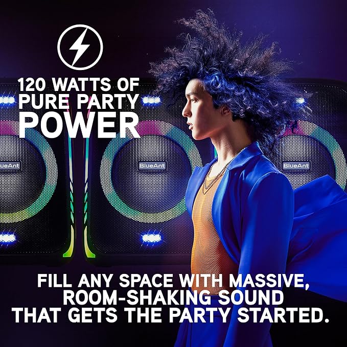 BlueAnt X5i | Portable Bluetooth Party Speaker | Black | 120W Peak Power | Includes (2) Wireless Microphones | (Up to) 30-Hr Playtime