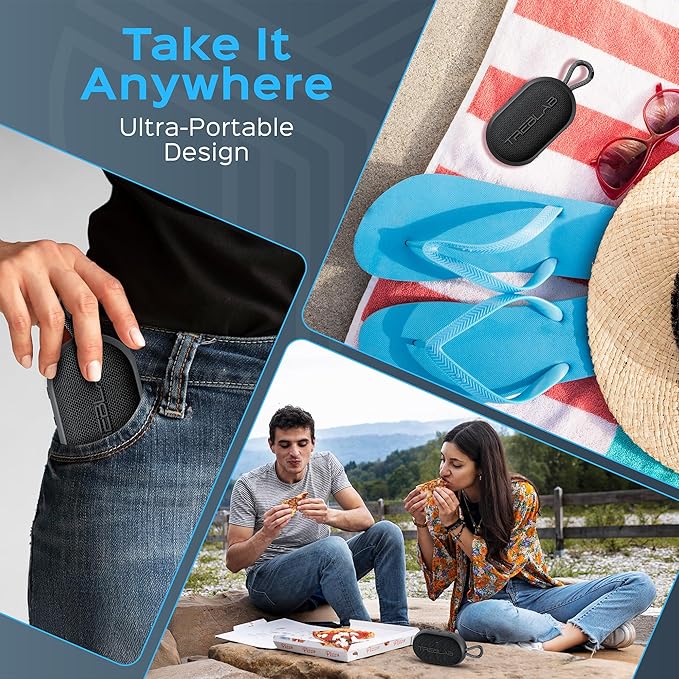 TREBLAB HD-Go - Ultra Portable Hand Held Speaker with Clip, 7W Power with Bass, 16H Playtime, IPX7 Waterproof, Built-in Mic, Compact & Lightweight, USB-C Charging – Small Speaker Bluetooth Wireless