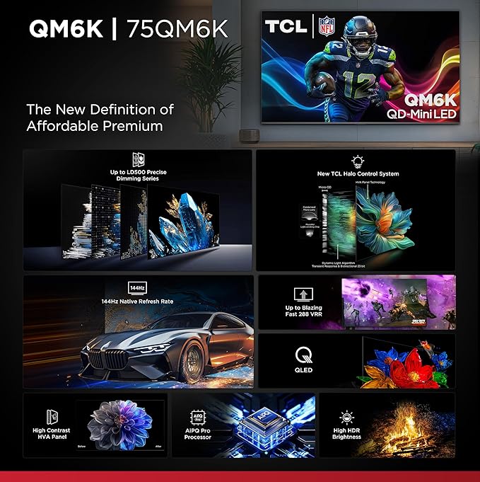 TCL 75-Inch Class QM6K Series QD-Mini LED 4K UHD Google Smart TV Best Value Mini-LED TV - QLED, 144hz, 288hz Gaming Rate, High Contrast Screen, Onkyo Audio, Dolby Atmos (75QM6K, 2025 Model)