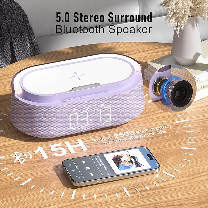 Bluetooth Speaker with Wireless Charger, FM Radio, Dimmer Night Light, Phone Holder, Wireless Charging Speakers for iPhone Samsung, Bedrooms Home Office Gifts