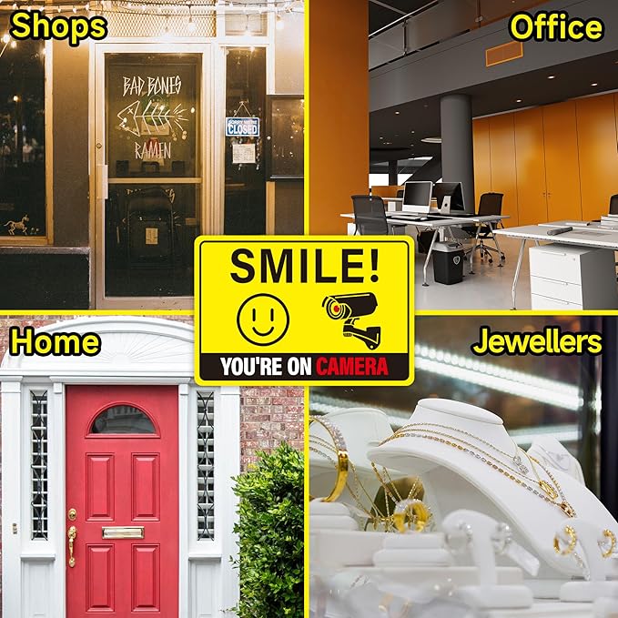 2PCS Smile Your On Camera Sign, Self-Adhesive Waterproof and Fade-Resistant Security Camera Sticker,You Are Being Recorded Sign for Home, Office, Shop, Door（7.7" x 5.3"）