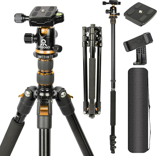 Tripod for Camera, 77" Camera Tripod Stand, 360 ° Ball Head Professional Aluminum DSLR Tripod & Monopod, Heavy Duty Travel Tripod Compatible with Canon Nikon Binoculars Laser Telescope(Gold)