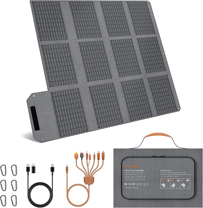 120W Foldable Solar Panel, 23% High-Efficiency Portable Charger with USB-C/2xUSB-A/DC Outputs, ETFE Monocrystalline IP65 Waterproof for RV Power Stations Camping Off-Grid Living Backpacking