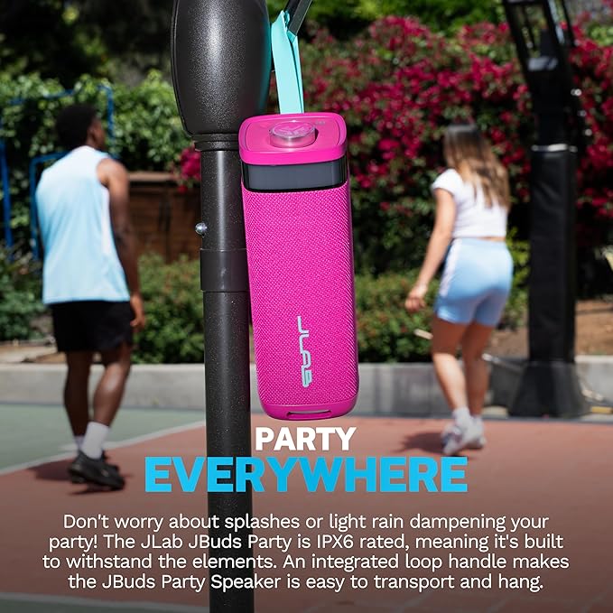 JLab JBuds Party Portable Bluetooth Speaker, 2 Full-Range Drivers + 2 Passive Woofers, IP56 Waterproof, 12 Hours Playtime, Connect Multiple Speakers, Custom Sound + RGB Lighting via App, Pink