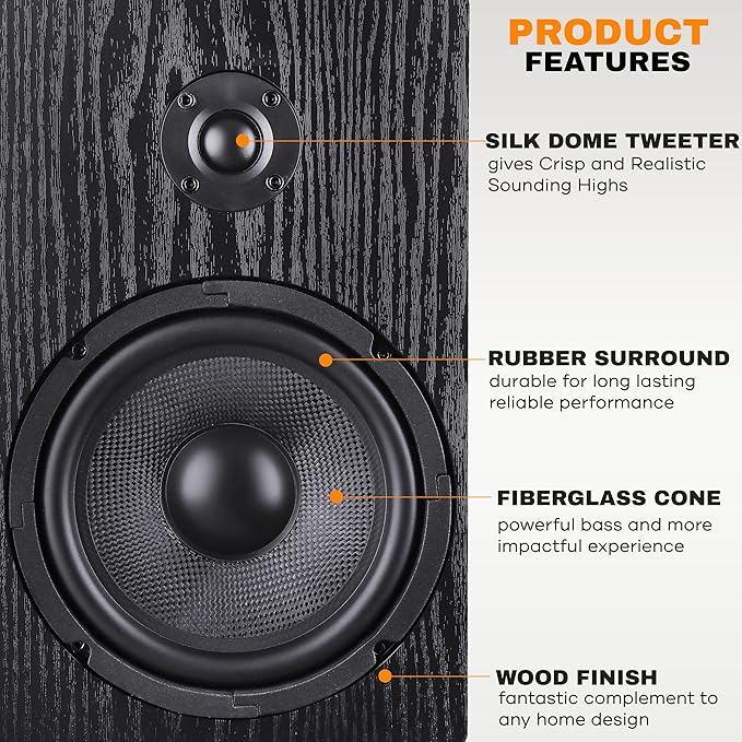 PyleUsa Home Theater Wooden Bookshelf Speakers - Wall-Mountable with 0.75'' Silk Dome Tweeter and Aluminum Voice Coils, Pair, Neat Black Color, Gold Plated 5 Way Binding Post - PSMSP6