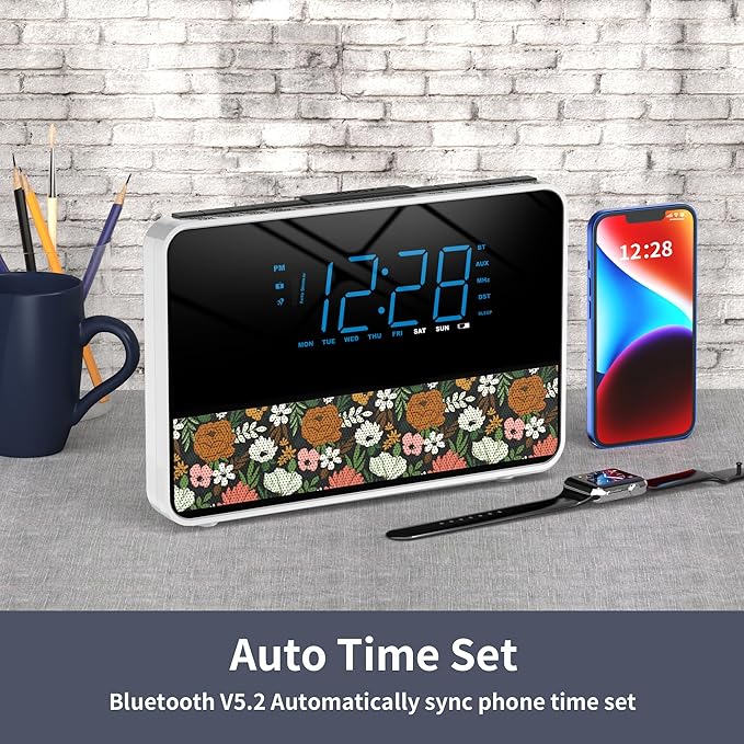 Alarm Clock Radio Bluetooth V5.2 Speaker with HD Sound and Bass,Blue Display with auto Dimmer,Snooze,Sleep Timer,Adjustable Volume,5V1A USB Charging Port