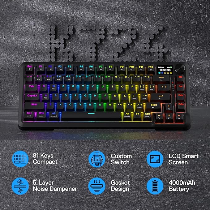 Redragon K724 PRO Wireless Gasket Gaming Keyboard w/Hype Screen & Knob, 81-Key Mechanical Keyboard, Easy-Control 1.14’’ TFT Info Display, 5-Layer Noise Dampening, Custom Linear Switch