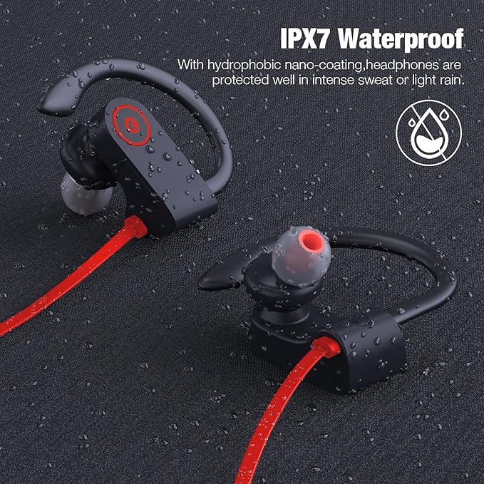 JOYWISE Bluetooth Headphones Wireless Earbuds 16H Playtime Wireless Headphones IPX7 Waterproof Bluetooth 5.3 Running Ear Buds with Mic Stereo in Ear Earphones Sound Isolation for Workout, Sports Red