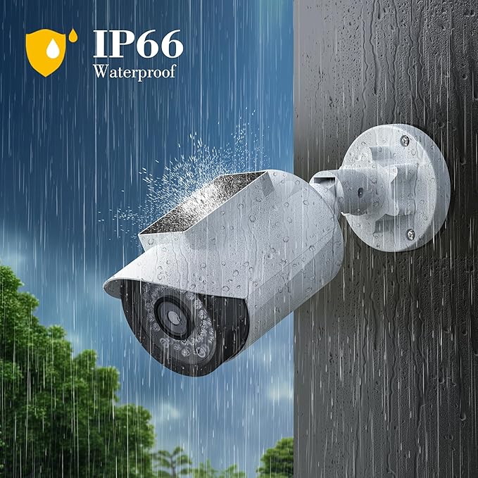 BNT Solar Powered Fake Security Camera, Bullet Shape Fake Surveillance Camera with Red LED Light for Night, Security Warning Sticker, for Outdoor Safety Alert (White 4Pack,Battery not Included)