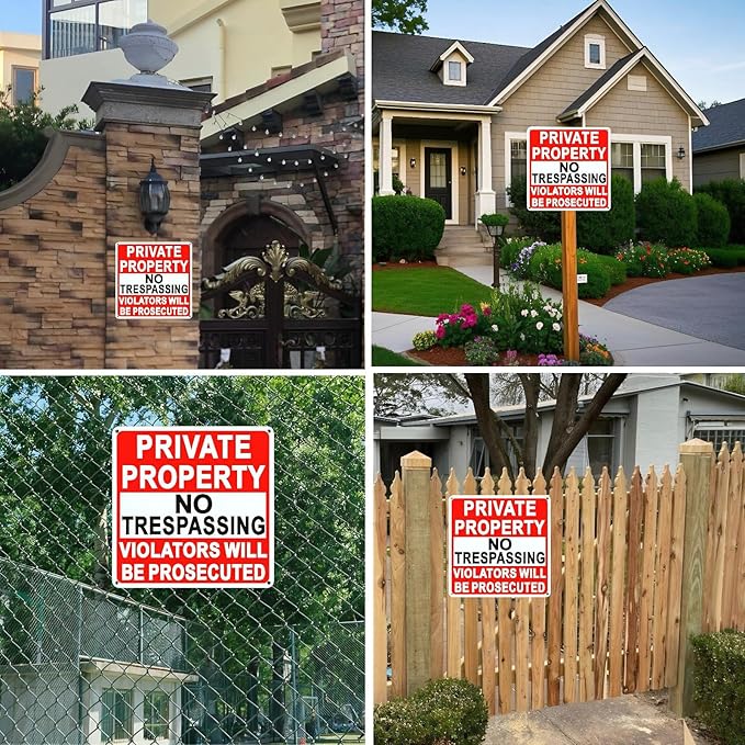 4 Pack Large No Trespassing Signs Private Property, 9.5 Inch x 9.5 Inch Private Property Metal Sign, Rust Resistant Aluminum, With Reflective Material, Durable, Weather Resistant, Easy To Install