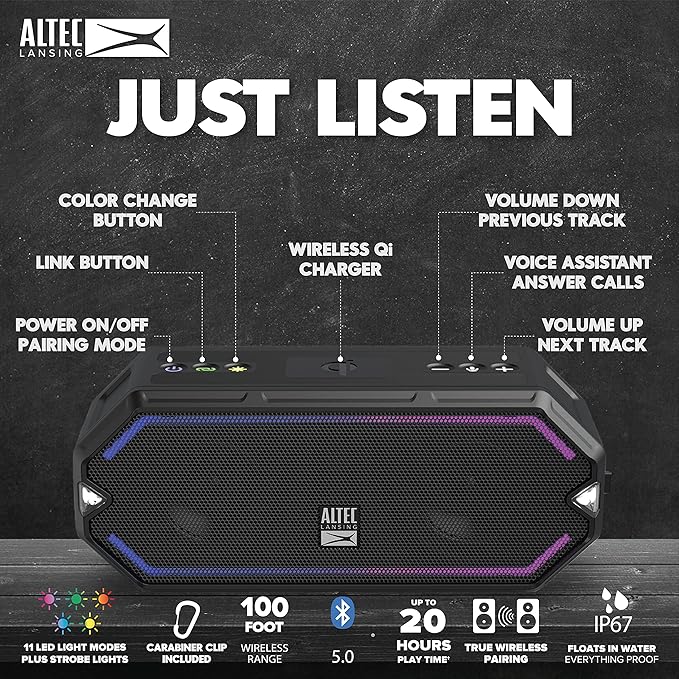 Altec Lansing - HydraBlast Wireless Portable Bluetooth Speaker, IP67 Waterproof for Parties, USB C Rechargeable Outdoor Speakers with Built in Phone Charger and LED Lights, 20 Hour Playtime