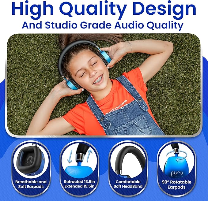Puro Sound Labs PuroQuiet Plus Noise Cancelling Headphones for Kids, Bluetooth Kids On Ear Headphones with Mic, Lightweight On-Ear Design, Studio-Grade Sound (Blue)
