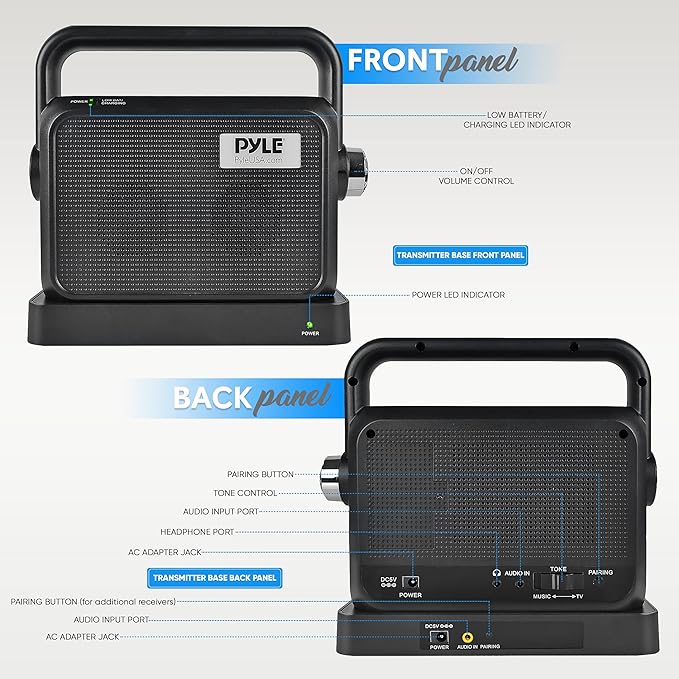 Pyle Wireless Portable Speaker Soundbox – 2.4GHz Full Range Stereo Sound with Headset Jack – TV, MP3, iPod, Analog Cable – Voice Enhancing Audio Hearing Assistance – PTVSP18BK