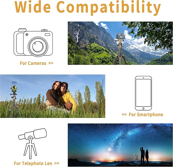 Tripod for Camera, 77" Camera Tripod Stand, 360 ° Ball Head Professional Aluminum DSLR Tripod & Monopod, Heavy Duty Travel Tripod Compatible with Canon Nikon Binoculars Laser Telescope(Gold)