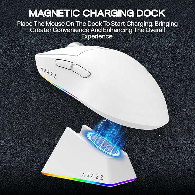 AJAZZ AJ139 V2 MC Gaming Mouse with Charging Base, Adjustable 12,000 DPI, PAW3311 Sensor, 3 Modes Wireless Mouse, 500mAh Battery, 1000 Polling Rate, 66g Lightweight, Win/Mac (White)
