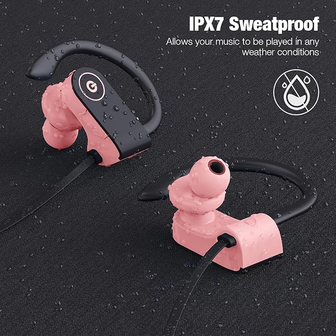 JOYWISE Bluetooth Headphones, Wireless Headphones 16H Playtime Wireless Earbuds with Mic Stereo in-Ear Earphones, IPX7 Waterproof Sports Ear Buds Sound Isolation Headsets for Running, Workout Pink