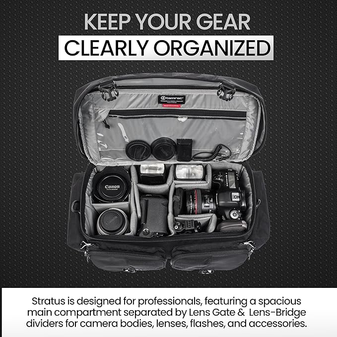 Tamrac Stratus 15 Camera Bag for Photographers, Camera Case for Photography Accessories, Shoulder Bag for DSLR and Mirrorless Cameras, Crossbody Camera Bag with Tripod Holder Strap - Black