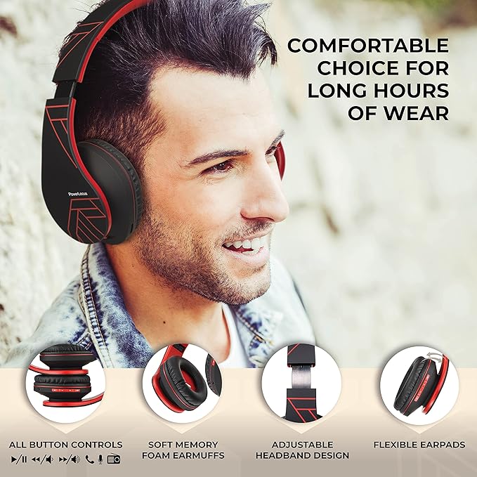PowerLocus Bluetooth Over-Ear Headphones, Wireless Stereo Foldable Headphones Wireless and Wired Headsets with Built-in Mic, Micro SD/TF, FM for iPhone/Samsung/iPad/PC (Black/Red)