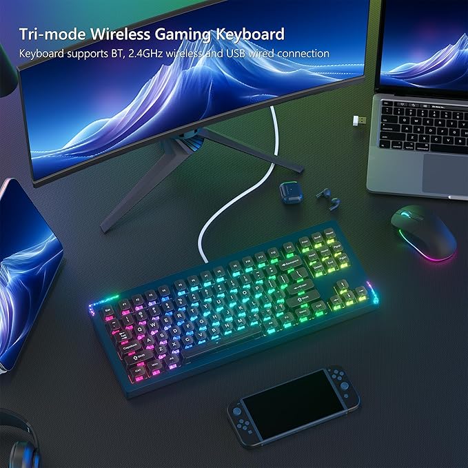 SK87 75% Wireless Gaming Keyboard QMK/VIA, Full Aluminum Transparent keycaps Mechanical Keyboard, Bluetooth 5.0/2.4GHz/USB-C Wired Programmable Keyboard, Hot Swappable, POM Linear Switch (Blue)