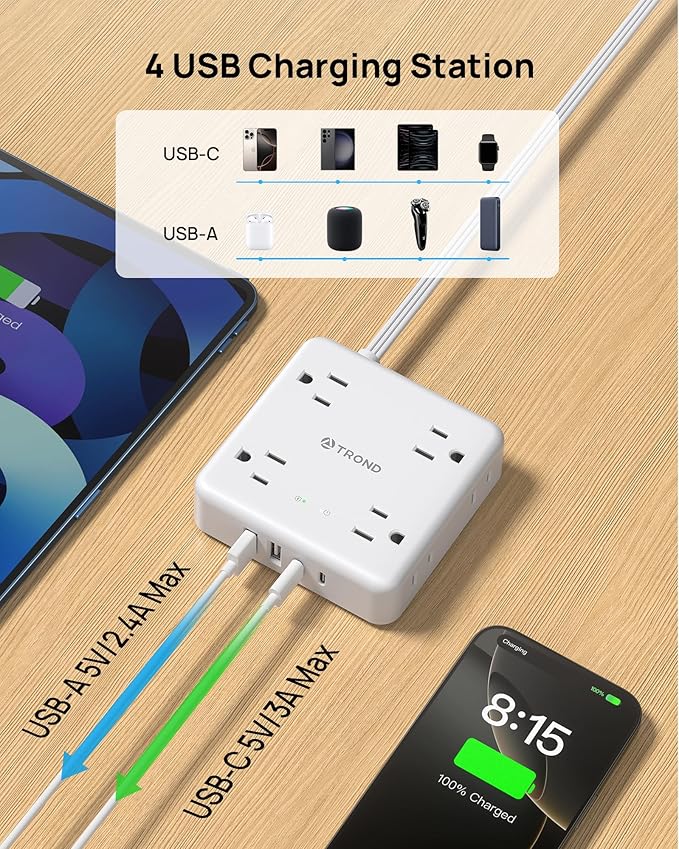 TROND 360° Rotating Flat Plug Power Strip, 10FT Flat Extension Cord with Multiple Outlets 4 USB (2 USB C), Wall Mount Surge Protector 1440 Joules for Home Office Travel Dorm Room Essentials, White