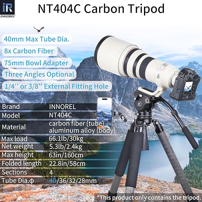 INNOREL NT404C Carbon Fiber Tripod Professional Birdwatching Heavy Duty Camera 66lb/30kg Max Load 40mm Max Tube Diameter Bowl Tripod Birdwatching Camera Stand with 75mm Universal Bowl Adapter