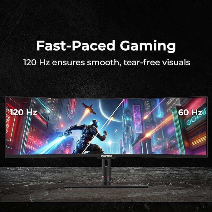 Deco Gear 49" Curved Ultrawide 5K Gaming Monitor, 32:9, 120 Hz, 101% NTSC 100% sRGB, Adjustable, Home Office and Entertainment Workstation