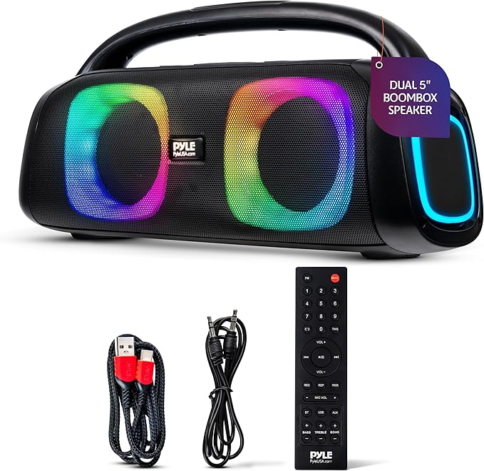 Pyle 160W Dual 5-Inch Bluetooth Boombox Speaker with True Wireless Stereo – Deep Bass, Crisp Treble, LED Display, Built-in Rechargeable Batteries – Large Portable Bluetooth Speaker