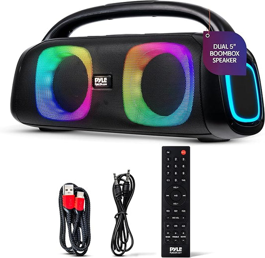 Pyle 160W Dual 5-Inch Bluetooth Boombox Speaker with True Wireless Stereo – Deep Bass, Crisp Treble, LED Display, Built-in Rechargeable Batteries – Large Portable Bluetooth Speaker