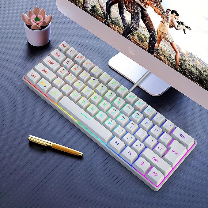Snpurdiri 60% Wired Gaming Keyboard, 61 Keys RGB Backlit Wrist Rest Ultra-Compact Mini Waterproof Keyboard for PC Computer Gamer (White)