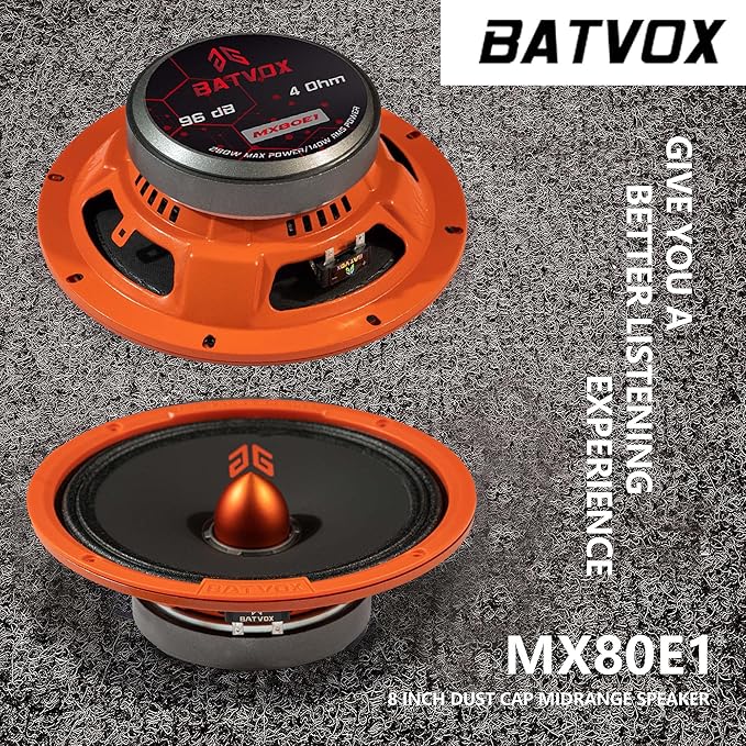 MX80E1 Midrange Loudspeaker 8" Orange Bullet, 560W Max, 6 Ohms, Premium Quality Audio Door Speakers for Car or Truck Stereo Sound System, Orange (2 Speaker)