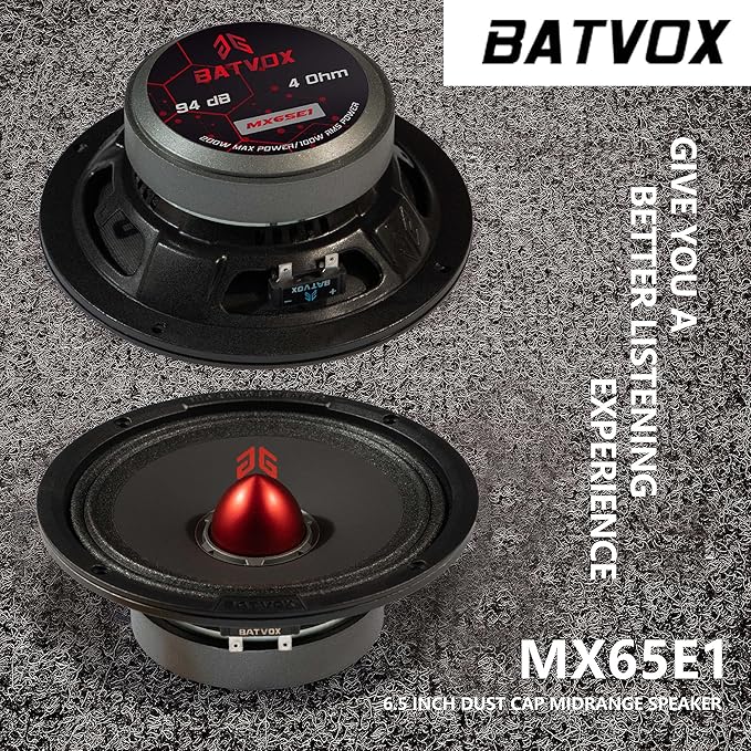 MX65E1 Midrange Loudspeaker 6.5" Red Bullet, 400W Max, 6 Ohms, Premium Quality Audio Door Speakers for Car or Truck Stereo Sound System, Black (2 Speaker)