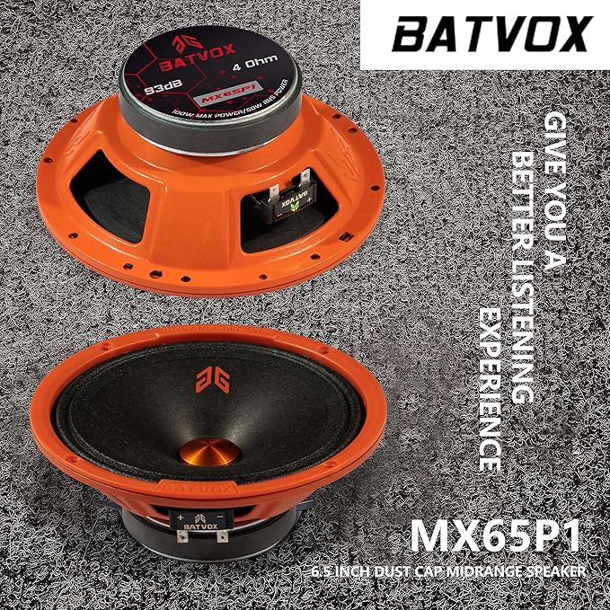 MX65P1 Midrange Loudspeaker 6.5" Orange Dust Cap, 200W Max, 4 Ohms, Premium Quality Audio Door Speakers for Car or Truck Stereo Sound System, Orange (2 Speaker)