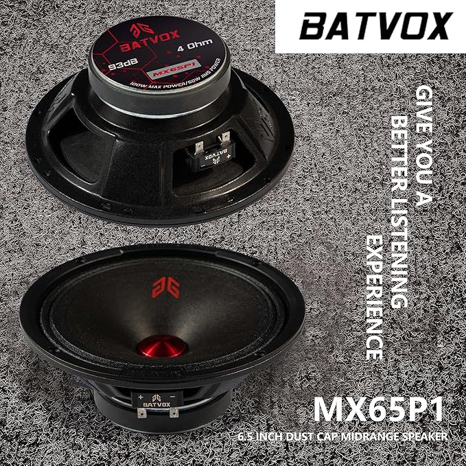 MX65P1 Midrange Loudspeaker 6.5" Red Dust Cap, 200W Max, 4 Ohms, Premium Quality Audio Door Speakers for Car or Truck Stereo Sound System, Black (2 Speaker)