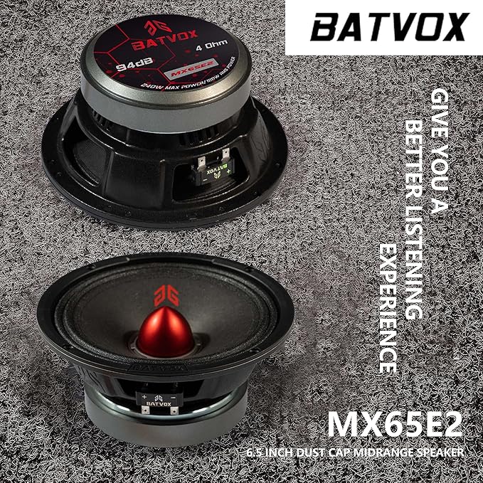 MX65E2 Midrange Loudspeaker 6.5" Red Bullet, 480W Max, 4 Ohms, Premium Quality Audio Door Speakers for Car or Truck Stereo Sound System, Black (2 Speaker)