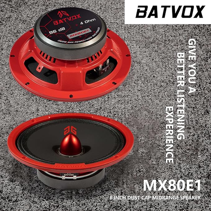 MX80E1 Midrange Loudspeaker 8" Red Bullet, 560W Max, 6 Ohms, Premium Quality Audio Door Speakers for Car or Truck Stereo Sound System, Red (2 Speaker)