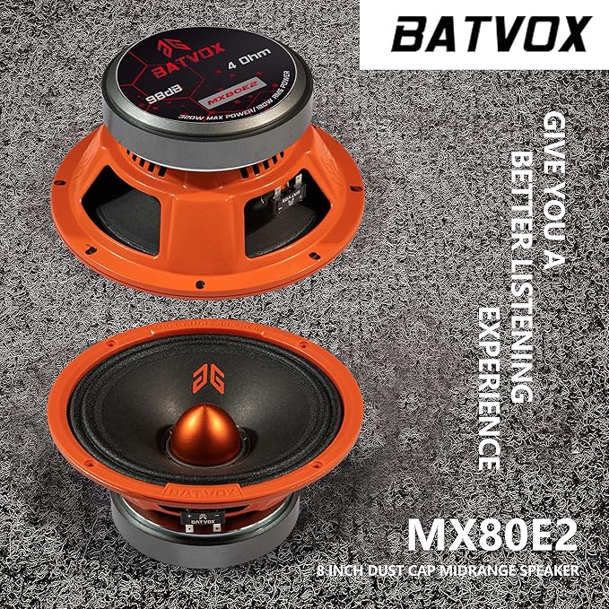 MX80E2 Midrange Loudspeaker 8" Orange Bullet, 640W Max, 4 Ohms, Premium Quality Audio Door Speakers for Car or Truck Stereo Sound System, Orange (2 Speaker)