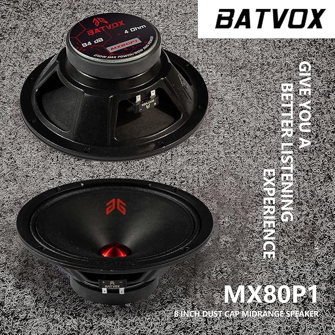 MX80P1 Midrange Loudspeaker 8" Red Dust Cap, 480W Max, 4 Ohms, Premium Quality Audio Door Speakers for Car or Truck Stereo Sound System, Black (2 Speaker)