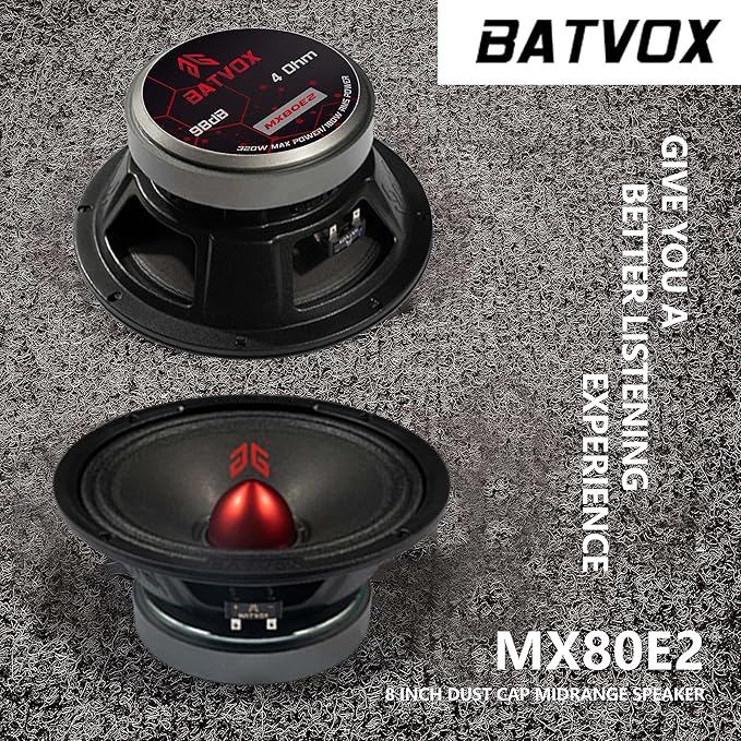 MX80E2 Midrange Loudspeaker 8" Red Bullet, 640W Max, 4 Ohms, Premium Quality Audio Door Speakers for Car or Truck Stereo Sound System, Black (2 Speaker)