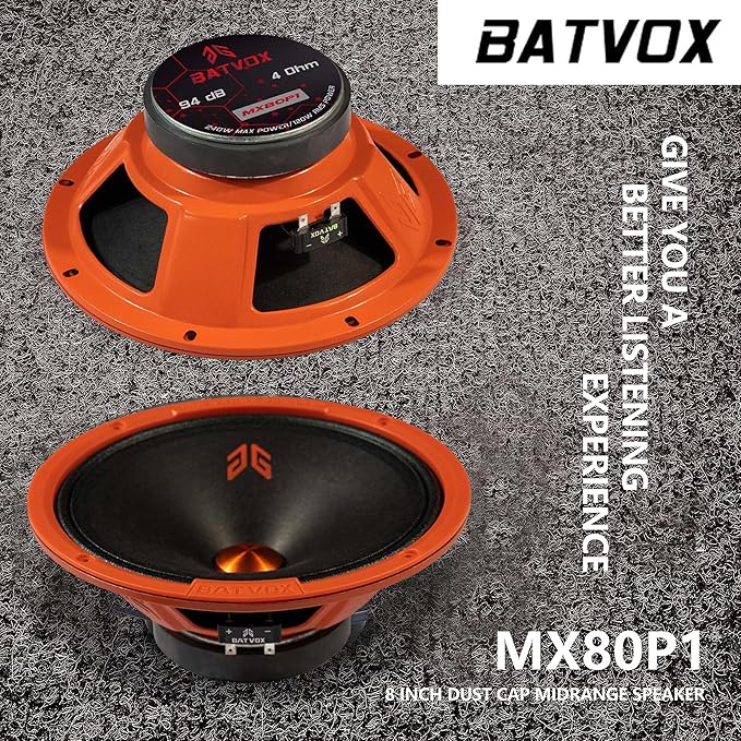 MX80P1 Midrange Loudspeaker 8" Orange Dust Cap, 480W Max, 4 Ohms, Premium Quality Audio Door Speakers for Car or Truck Stereo Sound System, Orange (2 Speaker)