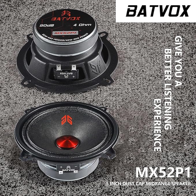 MX52P1 Midrange Loudspeaker 5" Red Dust Cap, 160W Max, 4 Ohms, Premium Quality Audio Door Speakers for Car or Truck Stereo Sound System, Black (2 Speaker)