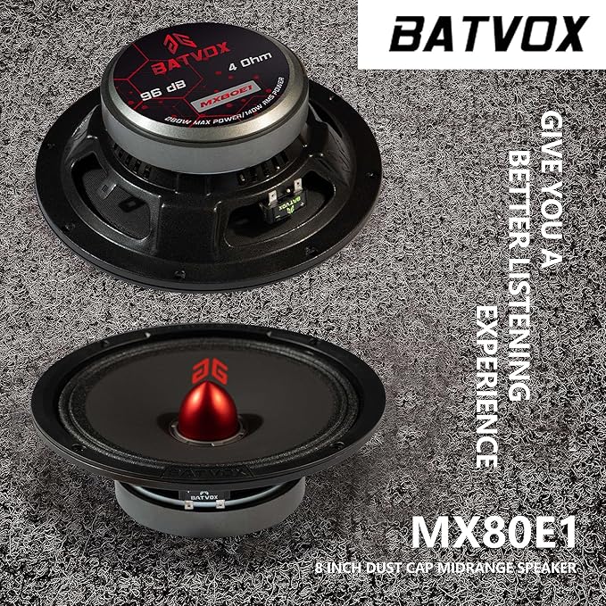 MX80E1 Midrange Loudspeaker 8" Red Bullet, 560W Max, 6 Ohms, Premium Quality Audio Door Speakers for Car or Truck Stereo Sound System, Black (2 Speaker)