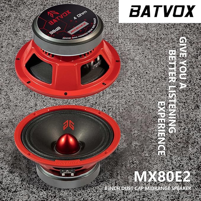 MX80E2 Midrange Loudspeaker 8" Red Bullet, 640W Max, 4 Ohms, Premium Quality Audio Door Speakers for Car or Truck Stereo Sound System, Red (2 Speaker)